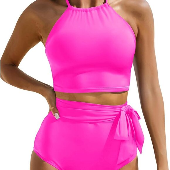 Women Hot Pink High Waisted Bikini Sets Two Piece Swimsuit High Neck Tummy Contr - Picture 1 of 6